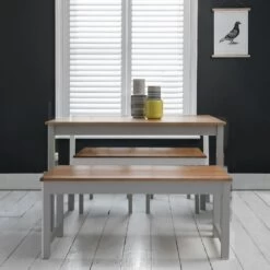 Annika Dining Table With 2 Benches In Grey & Natural Pine