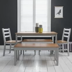 Annika Dining Table With 2 Chairs & 2 Benches In Grey & Pine