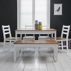 Annika Dining Table With 4 Chairs & Bench In White & Natural Pine