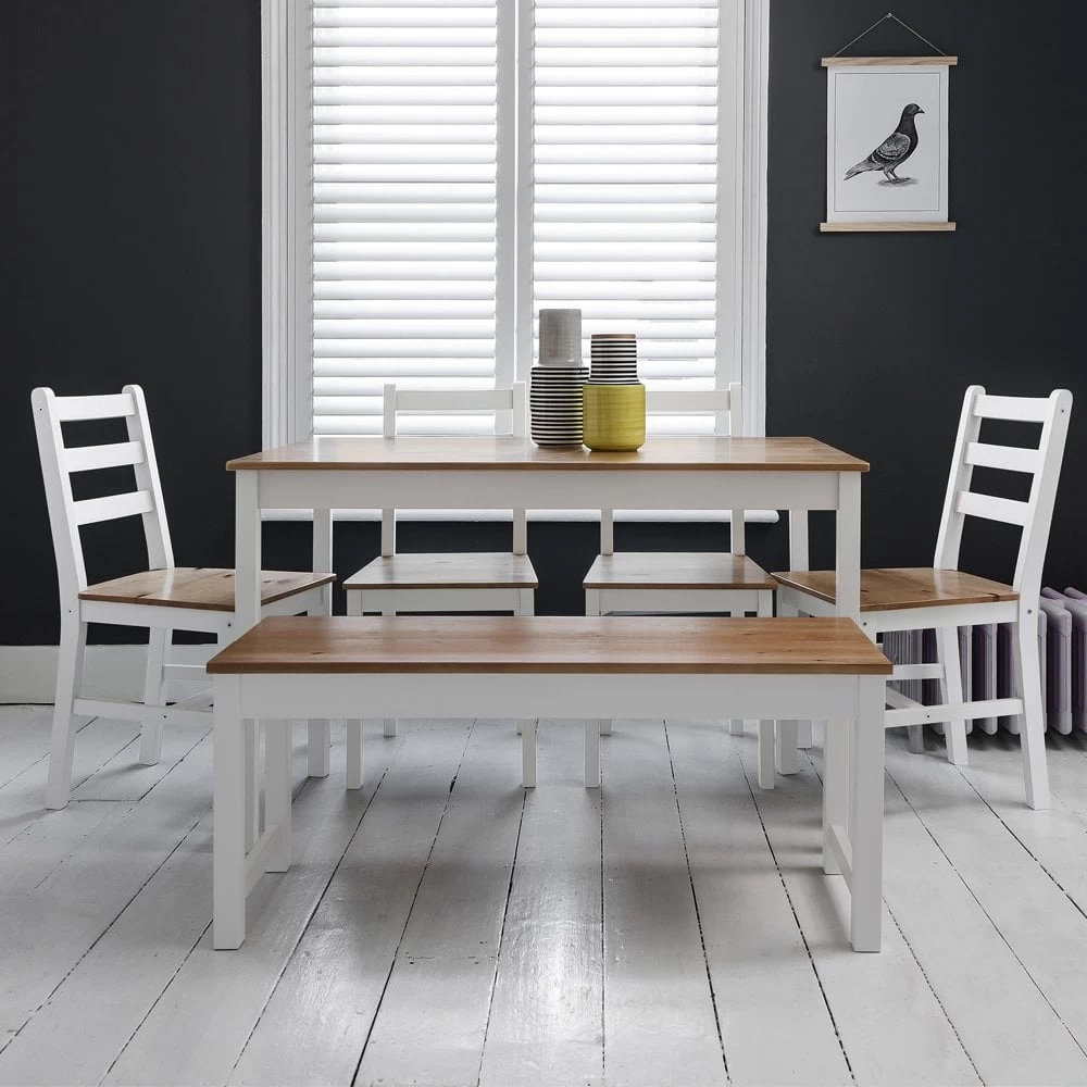 Annika Dining Table With 4 Chairs & Bench In White & Natural Pine 3 Annika Dining Table With 4 Chairs & Bench In White & Natural Pine