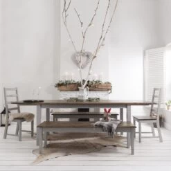 Canterbury Dining Table With 2 Chairs, 2 Benches & 2 Extensions In Silk Grey And Dark Pine -Furniture Store canterbury dining table with 2 chairs 2 benches 2 extensions in silk grey and dark pine p1164 11863 image