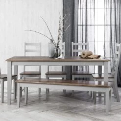Canterbury Dining Table 180cm With 5 Chairs & Bench With 2 Extension Leaves In Grey And Dark Pine