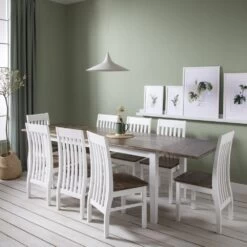Haugesund Dining Table 180cm With 8 Chairs & 2x Extensions In White And Dark Pine