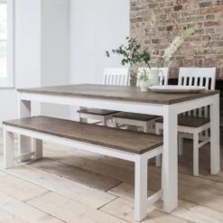 Hever Dining Table With 3 Chairs & Bench In White & Dark Pine
