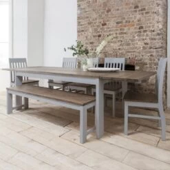 Hever Dining Table With 5 Chairs & Bench & 2 Extensions In Grey And Dark Pine