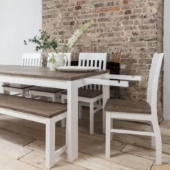 Hever Dining Table With 5 Chairs & Bench & 2 Extensions In White & Dark Pine -Furniture Store hever dining table with 5 chairs bench 2 extensions p299 9270 image