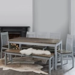 Hever Table And 5 Chairs & Bench In Grey & Dark Pine