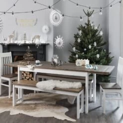 Nordic Dining Table With 5 Chairs, Bench & 2 Extensions In Classic White And Pine