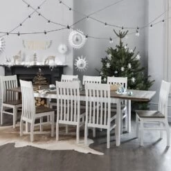 Nordic Dining Table With 6 Chairs & 2 Extensions In Classic White And Pine